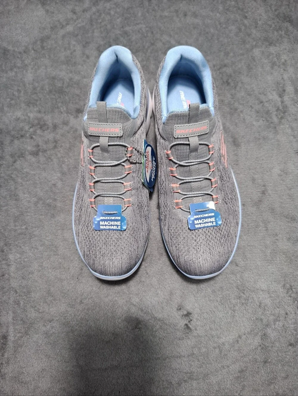 Skechers Slip-On Athletic Sneakers Gray Light Blue Pink Accents Sz 9.5 Washable